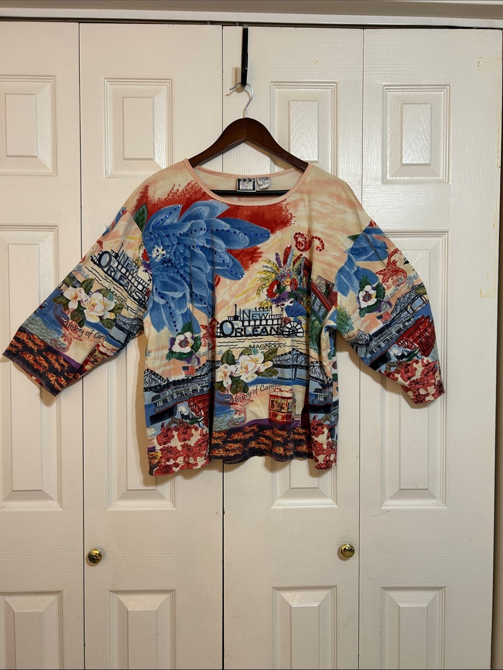 Multicolor Floral New Orleans Print Blouse - Blue, Red, Cream